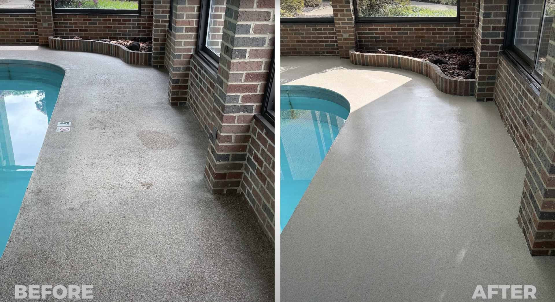 Pool deck concrete resurfacing before and after showing dramatic improvement